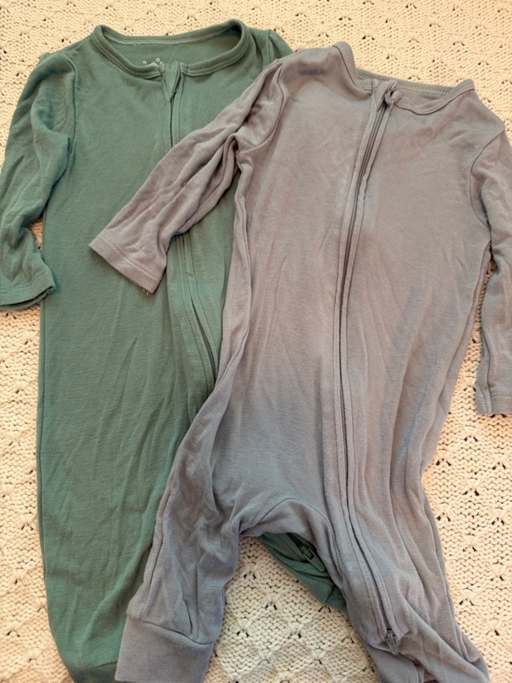 cloud island Two-Pack Zip Front Footie Rompers in Green and Gray